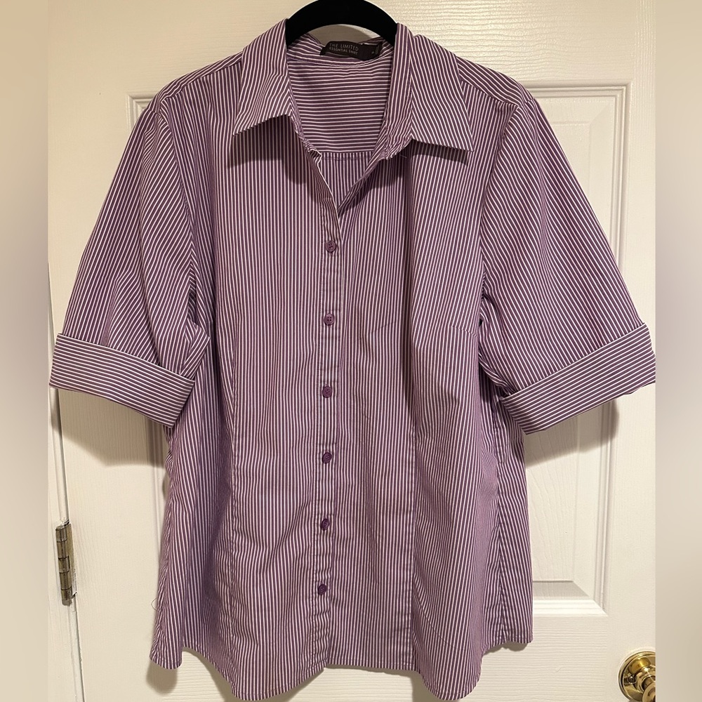 The limited XL short sleeve purple striped button up shirt.